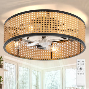 20" Flush Mount Ceiling Fan with Light & Remote Control, Drum Shade, Bladeless/Quiet Motor/Low Profile, for Kitchen Bedroom