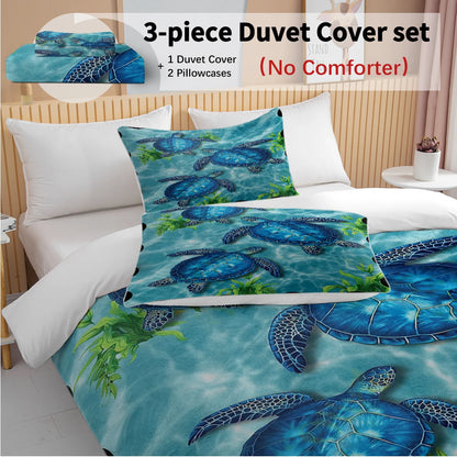 3pc Three Blue Sea Turtles Design Bedding Set Ocean Theme Quilt Cover with Zipper Closure 1 Duvet Cover and 2 Pillow Cases