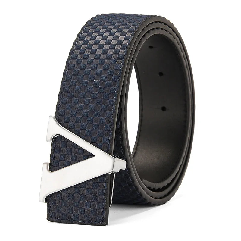 Men's Belt Casual Business V letter Slide Buckle Fashionable Checkered Plaid Leather Male Belt for Men