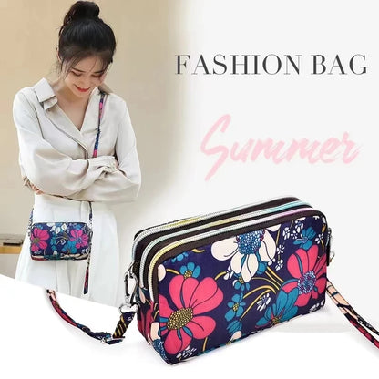 Fashion Women's Clutches Three-layer Zipper Waterproof Nylon Colorful Printed Wristlet Bag Key Coin Purse Wallet Phone Holder