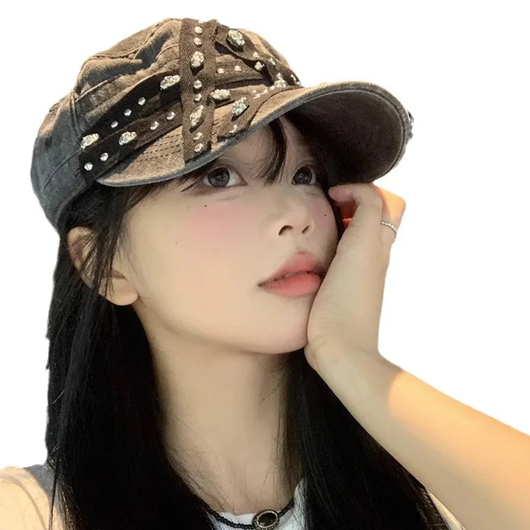 Women's New Hats Sweet Cool Style Five Pointed Star Washed Denim Cap Retro And Aged Y2K Riveted Punk Beret Hat Cute Black Beret