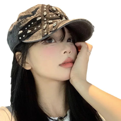 Women's New Hats Sweet Cool Style Five Pointed Star Washed Denim Cap Retro And Aged Y2K Riveted Punk Beret Hat Cute Black Beret