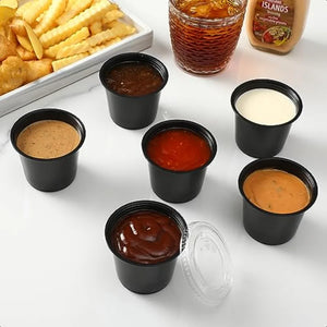 1205.5 oz Black Portion Cups Small Plastic Containers with Lids Airtight and Stackable Souffle Cups Salad Dressing Container Sa