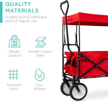 Load image into Gallery viewer, Best Choice Products Collapsible Folding Outdoor Utility Wagon with Canopy Garden Cart for Beach, Picnic, Camping, Tailgates Red
