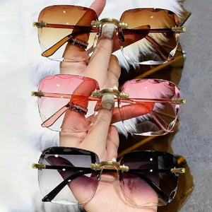 Square Rimless Sunglasses Women Luxury Brand Designer Summer Red Glasses Fashion Sun glasses For Men UV400 Shades Oculos