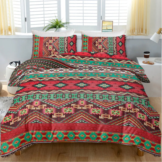 3pc Red and Green Pattern Printed Bedding Set Bohemian Style Quilt Cover with Zipper Closure 1 Duvet Cover and 2 Pillowcases