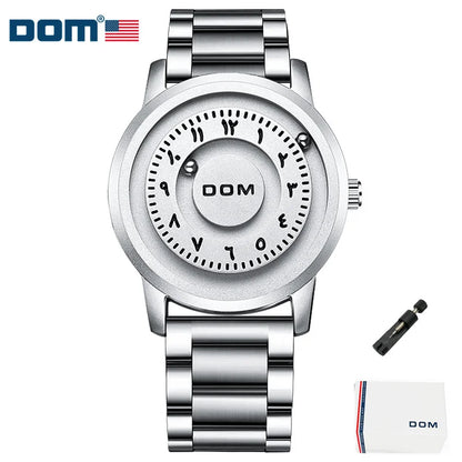 DOM 1769 Man Watch Creative Silver Stainless Steel Scrolling Beads Quartz Watches for Men Male Magnetic Force Life Waterproof