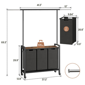 1 Set Ironwood Hanging Laundry Basket Telescopic with Clothes Hanging Rod and Wooden Storage Shelf for Laundry Room Storage