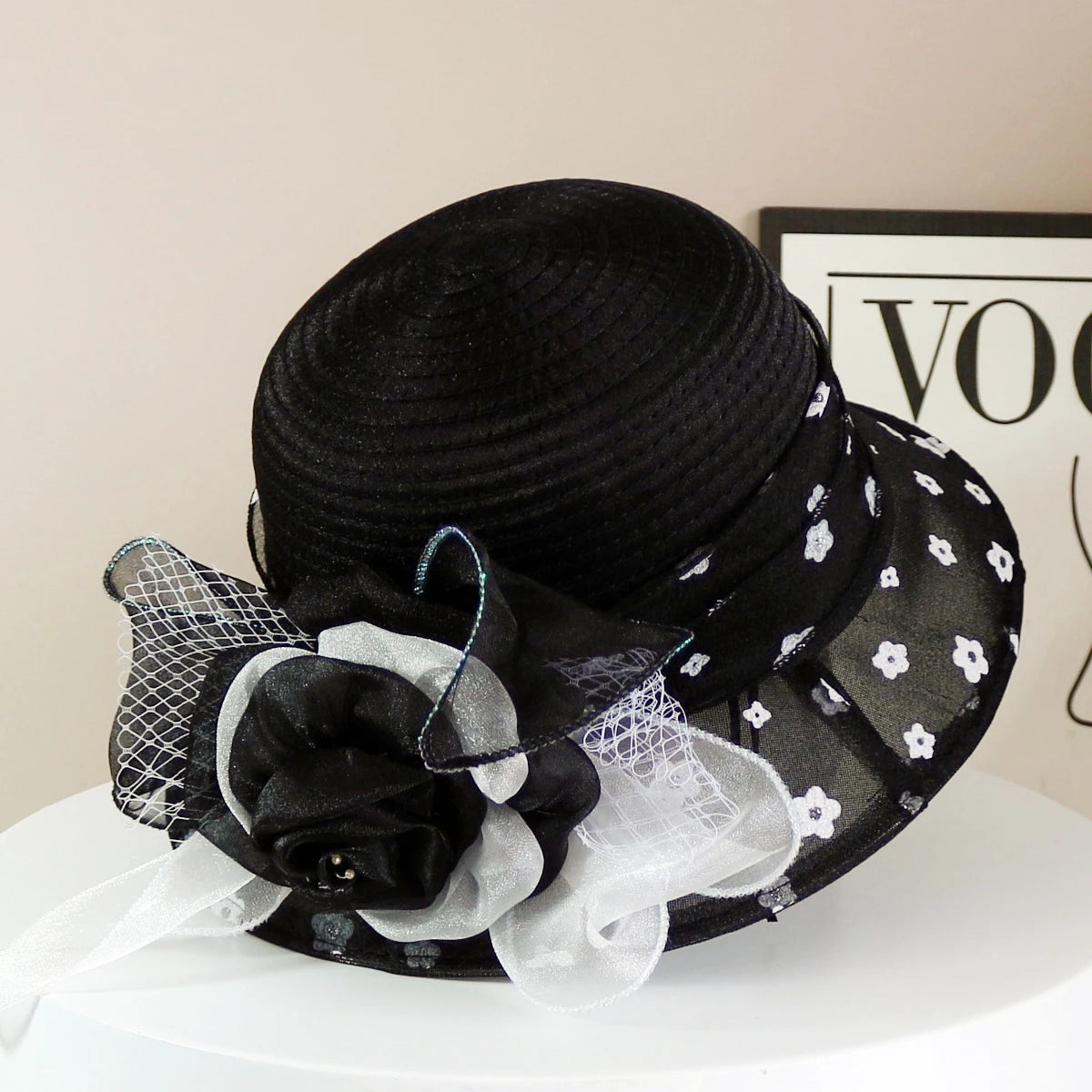 Fashion Hat Women Top Hat Elegant Organza Flower Wide Brim Sun Hat for Women Retro Style Party Banquet Accessory Foldable Beach