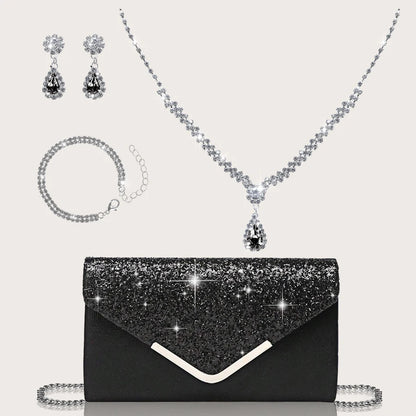 Gorgeous and elegant sparkly women's clutch bag, paired with a gorgeous rhinestone necklace, earrings and bracelet set of four.
