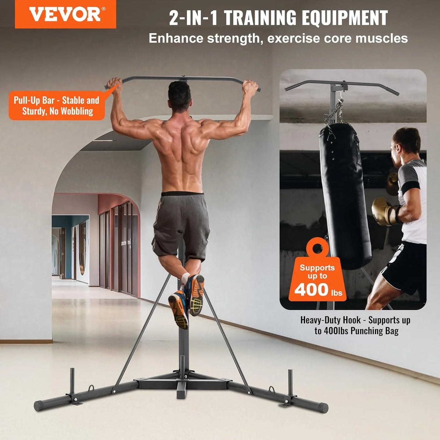 VEVOR 2 in 1 Punching Bag Stand, Steel Heavy Duty Workout Equipment, Adjustable Height Boxing Punching Bag Stand with Pull Up Ba