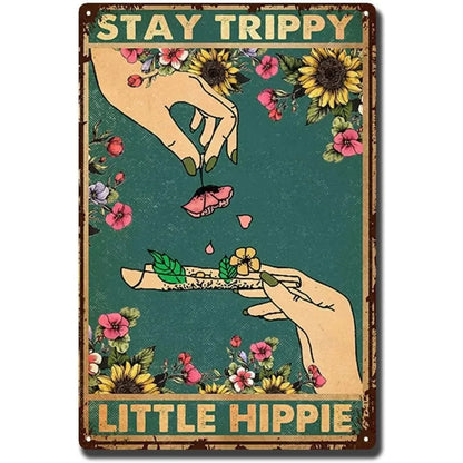 Trippy Little Hippie Tin Sign | Floral Weed Art Poster | Vertical 8x12 Inch Wall Decor | Great Gift for Hippie Lovers