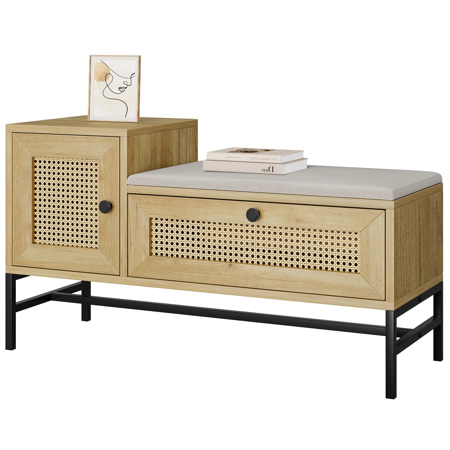 Rattan Shoe Bench with Linen Seat Cushion, Entryway Bench with Storage Cabinet, Wooden Storage Bench for Hallway and Bedroom