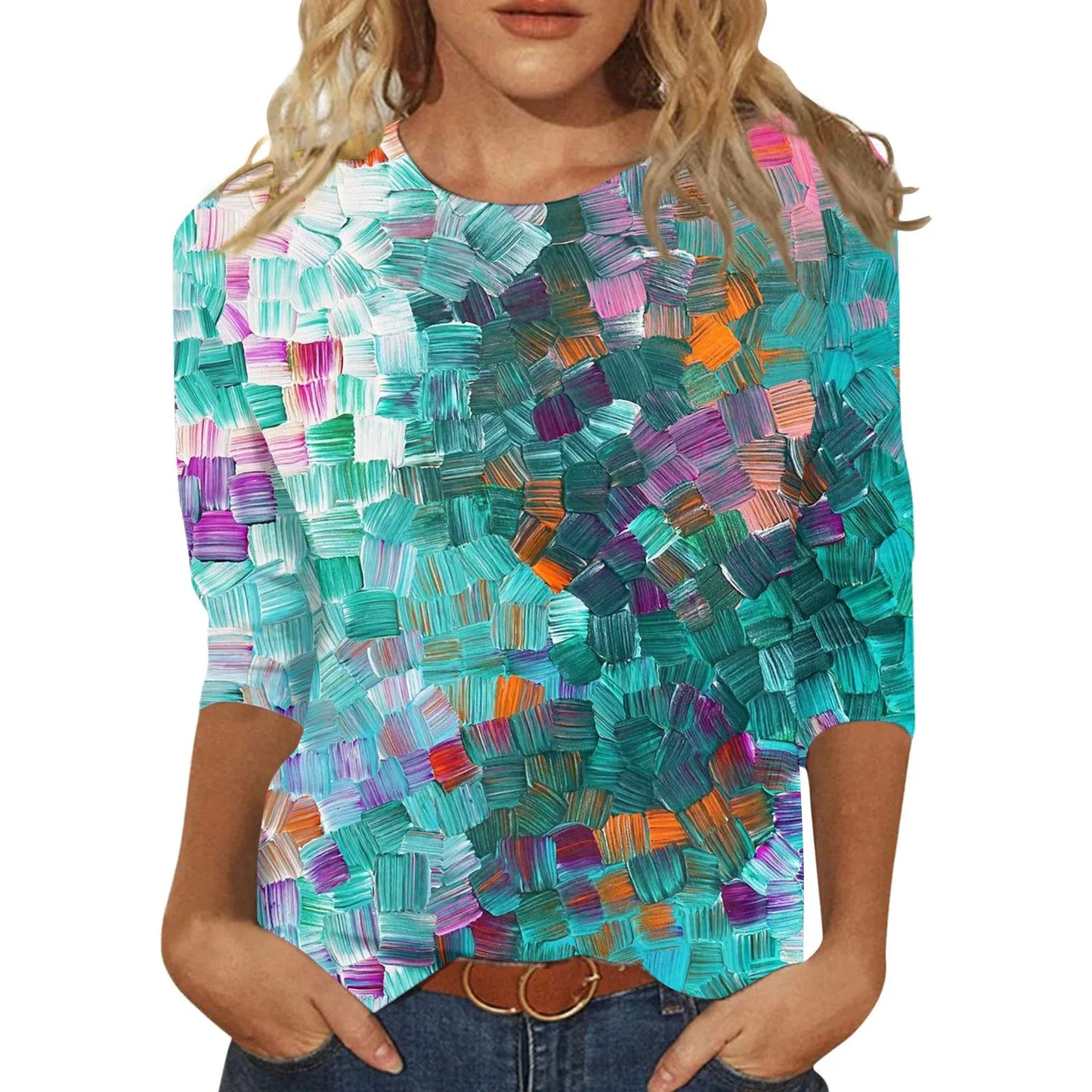 Women's Clothing T-shirt Fashion Casual Round Neck 3/4 Sleeve Loose Printed T-shirt Ladies Top Louse Beautiful Girls T-shirt