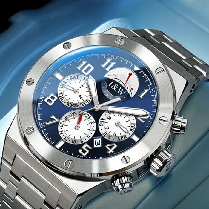 I&W Men Automatic Watch 41mm Luxury Mechanical Wristwatch Waterproof Sapphire Steel Strap Power Reserve Indicator Month Week