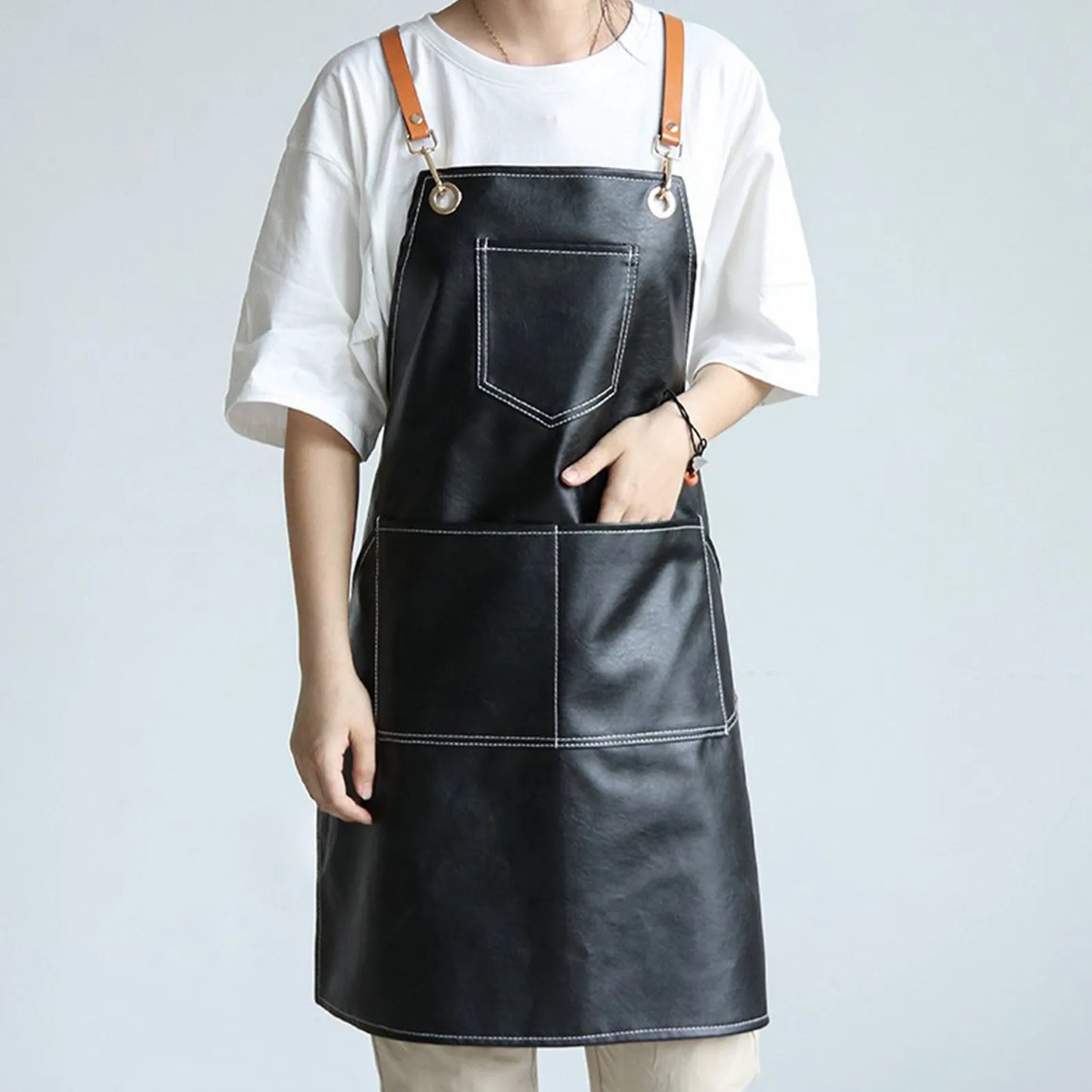 Thickened Leather Working Apron Cross Back Adjustable Chef Apron Waterproof Multi-Pocket Sleeveless Adjustable Strap Clothes
