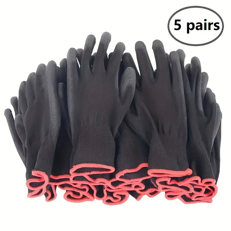 5 pairs Black Nylon Gardening Gloves with Non-Slip PU Coating - Durable, for Lawn Care & Garden Tools