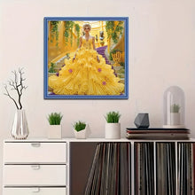 Load image into Gallery viewer, Diamond Painting Set - Elegant Scene of Woman in Yellow Dress on Stairs, Home Wall Decoration, with Special Shaped Rhinestones,
