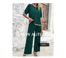 Load image into Gallery viewer, High Quality Elegant Women Clothing 2024 Temperament Casual Solid Color Knitted Shite Sleeved Suit Sweatpants Wide Leg Pants Y2k
