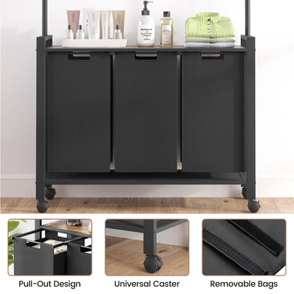 1 Set Ironwood Hanging Laundry Basket Telescopic with Clothes Hanging Rod and Wooden Storage Shelf for Laundry Room Storage