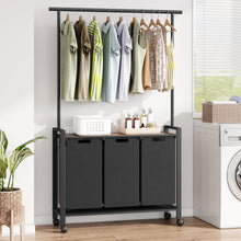 Load image into Gallery viewer, 1 Set Ironwood Hanging Laundry Basket Telescopic with Clothes Hanging Rod and Wooden Storage Shelf for Laundry Room Storage
