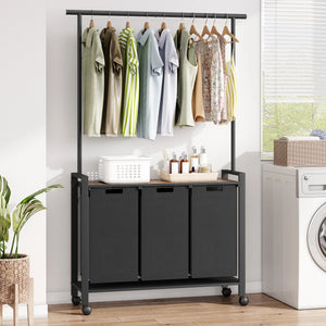 1 Set Ironwood Hanging Laundry Basket Telescopic with Clothes Hanging Rod and Wooden Storage Shelf for Laundry Room Storage