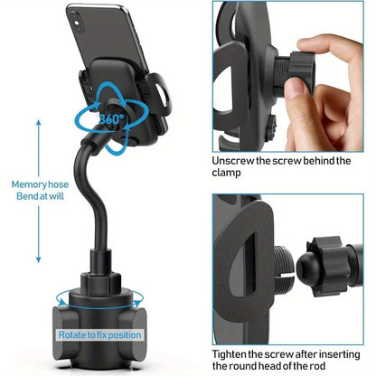 Cup Car Phone Holder for Car, Car Cup Holder Phone Mount, Universal Adjustable Gooseneck Cup Holder Cradle Car Mount for Cell