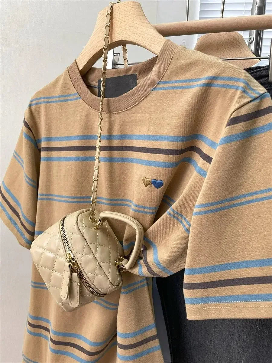 Women's Clothing American Beautiful Contrast Stripe Short Sleeve T-Shirt Summer Loose Casual Versatile Fashion Top