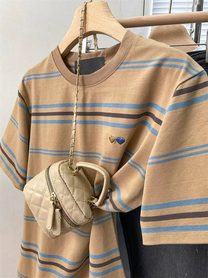 Women's Clothing American Beautiful Contrast Stripe Short Sleeve T-Shirt Summer Loose Casual Versatile Fashion Top