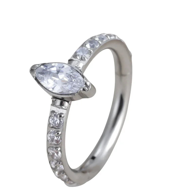 G23 Titanium CZ Pave Side With Marquise Stone Center Hinged Segment Hoop Rings Nose Ring Clicker Labret Ear Tragus Piercing