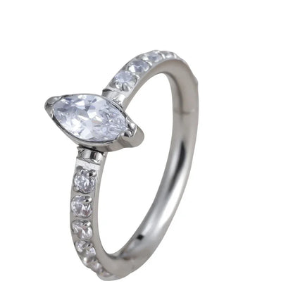 G23 Titanium CZ Pave Side With Marquise Stone Center Hinged Segment Hoop Rings Nose Ring Clicker Labret Ear Tragus Piercing