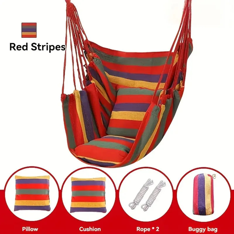 Camping Hammock Portable Hammock with 2 Pcs Cushion 2 Tie Straps Colorful Stripe Cloth Hammock for Indoor Outdoor Tumbona Jardin