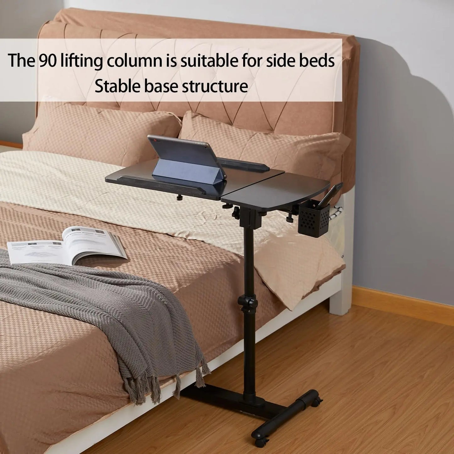 Overbed Bedside Table with Wheels, Adjustable Overbed Table with Tilting Desktops, Rolling Laptop Table, Overbed Desk