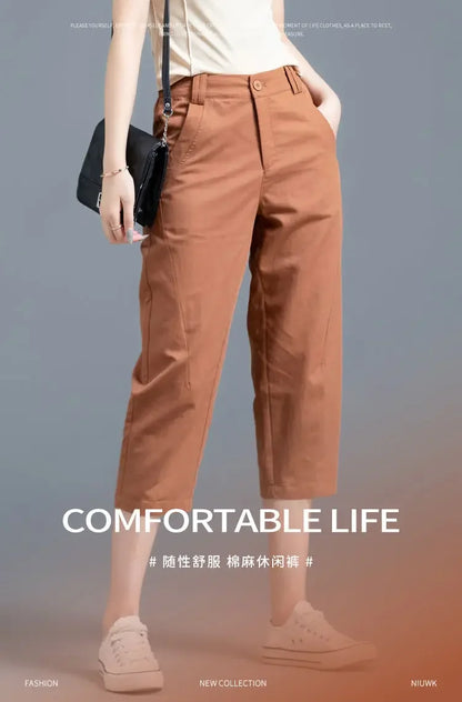 Women Clothing New Summer Simple Casual Cotton Linen Haren Capri Pants Female Solid High Waist Loose Cropped Trousers Pantalones