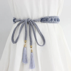 Women Waist Belt Rope Braided Waistband Woven Tassel Thin Belt Female Knot Decorated Waistband Hot Casual Solid Black Belts