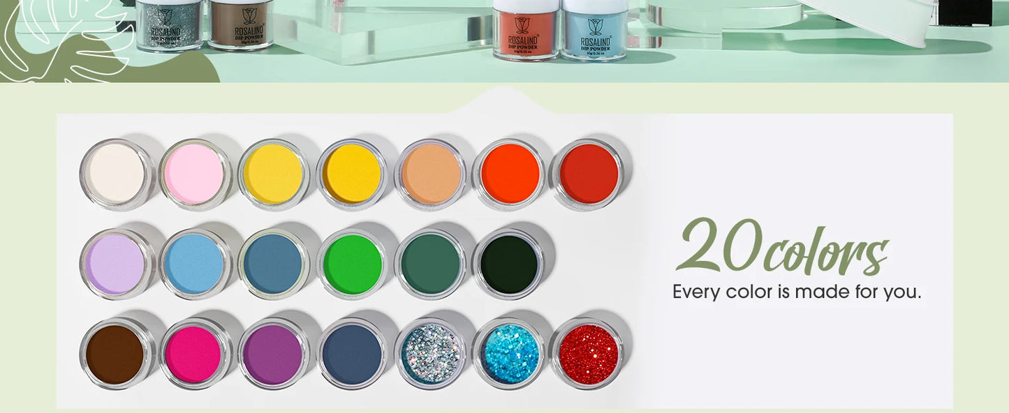 ROSALIND 29PCS Dip Nails Powder Starter Kit, 20 Colors Dip Powder Nail Kit Red Green Orange Glitter Series Nail Dip Powder Color