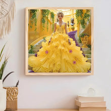 Load image into Gallery viewer, Diamond Painting Set - Elegant Scene of Woman in Yellow Dress on Stairs, Home Wall Decoration, with Special Shaped Rhinestones,
