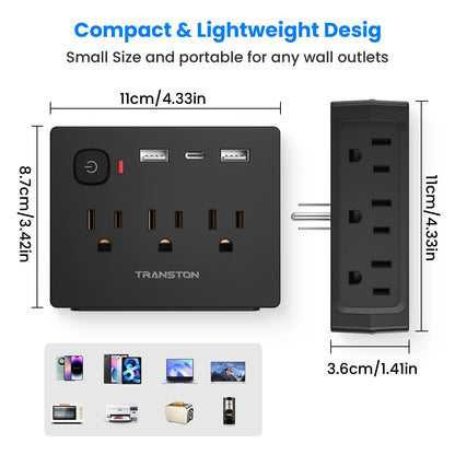 Mini Portable Surge Protector Power Outlet, 9-in-1 Multi-Function 6 Outlets 2 USB Ports 1 Type-C,for home, travel, office, Black