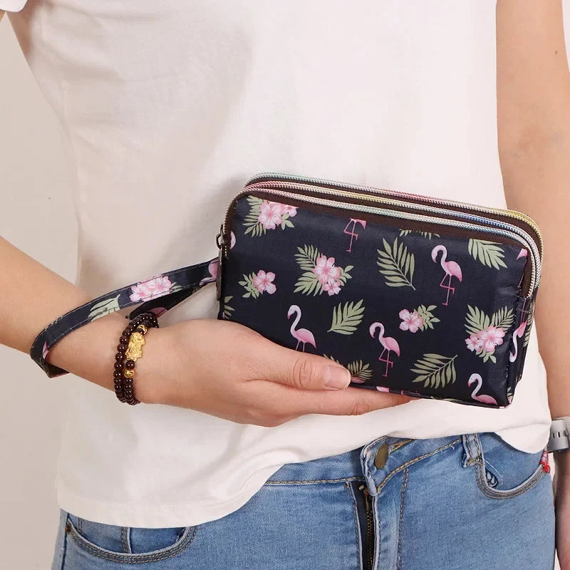 Fashion Women's Clutches Three-layer Zipper Waterproof Nylon Colorful Printed Wristlet Bag Key Coin Purse Wallet Phone Holder