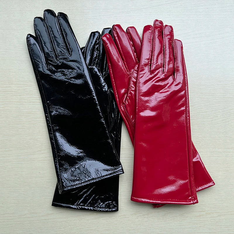 Long Gloves For Women Spring Winter Male Patent Leather Fashion Catwalk Motorcycle Riding Luvas Brilliant Warm Arm Warmer Gants