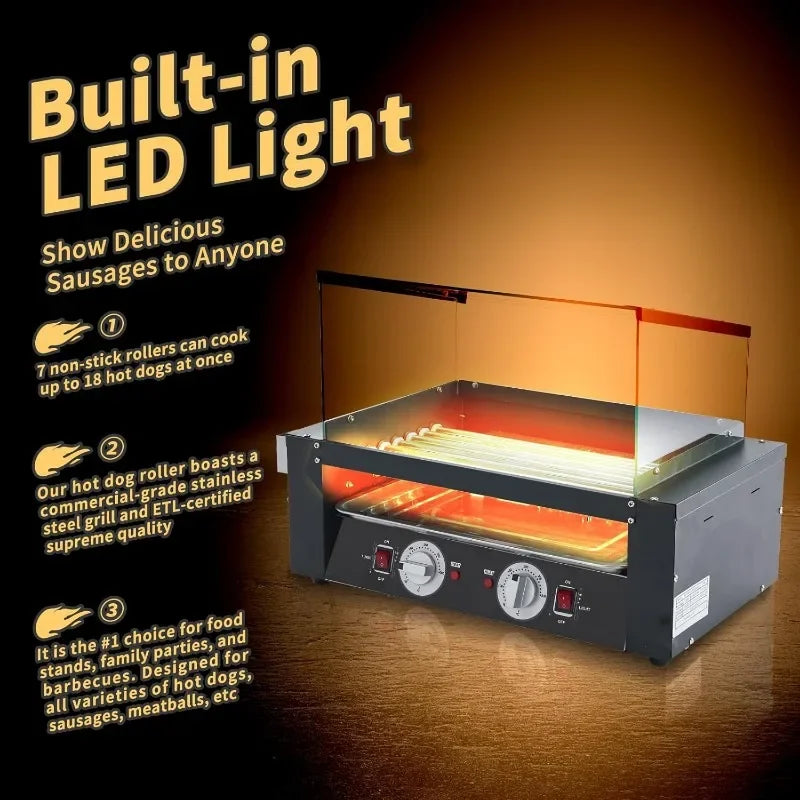 1400W Hot Dog Roller Machine Stainless Hotdog Roller Grill with Glass Guard LED Warm Light for Commercial BBQ (7 Rollers)
