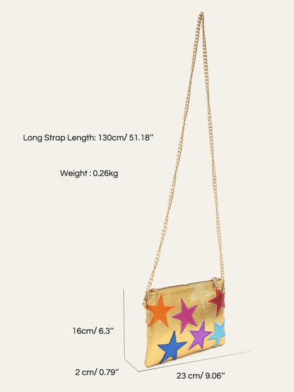 Women's Metallic PU Leather Square Clutch Funky Stars Applique Colorful Stripes Metal Chain Shoulder Handbag Party Dating Gift