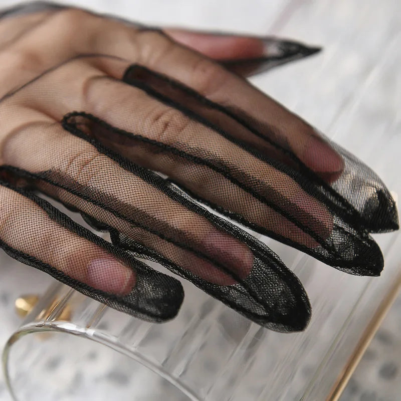 Women Short Tulle Gloves Sexy Lace Mittens Tulle Full Finger Gloves Lady Driving Glove Transparent Mittens Wedding Bridal Gloves