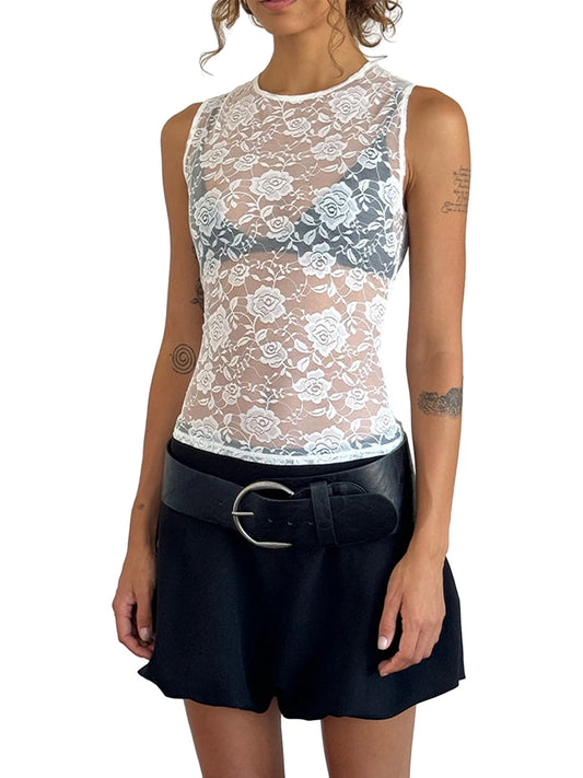 Women Tank Tops Lace Mesh See-Through Casual Vests Summer Sleeveless Tops Streetwear