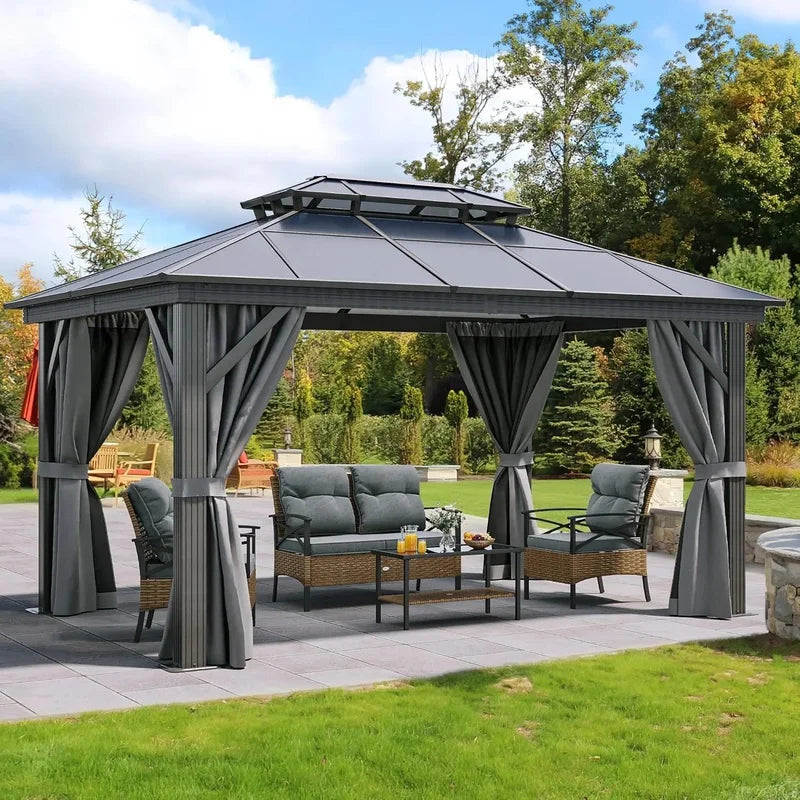 10x12FT Hardtop Gazebo Outdoor Polycarbonate Patio Canopy with Double Top, Galvanized Iron and Aluminum Structure, Garden Tent
