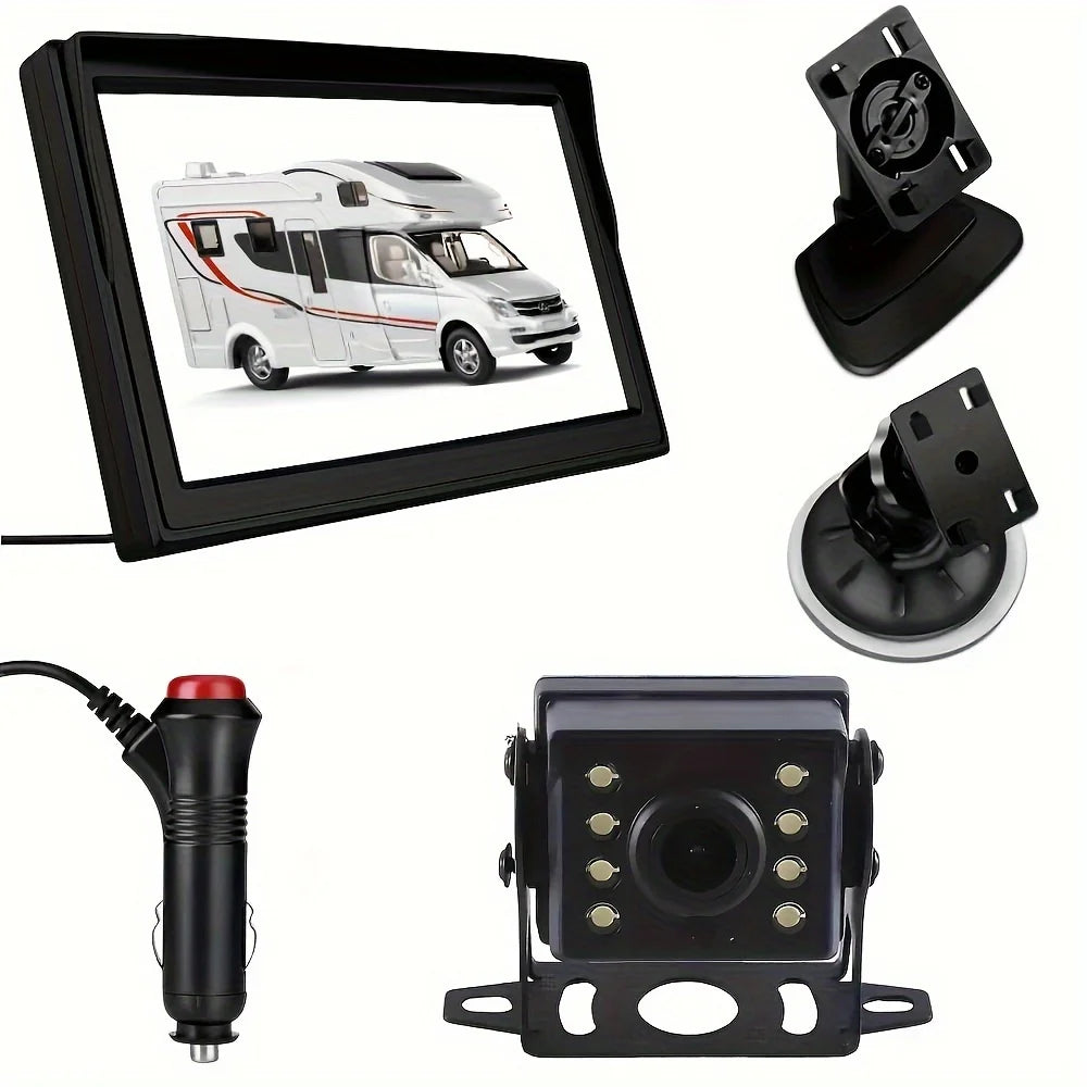 Car Rear View Backup Camera Kit 5 inch Monitor 4Pin for RV Bus Truck 12V/24V with Double Mount Easy Installation