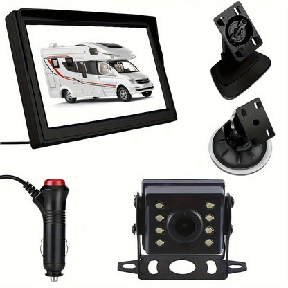 Car Rear View Backup Camera Kit 5 inch Monitor 4Pin for RV Bus Truck 12V/24V with Double Mount Easy Installation