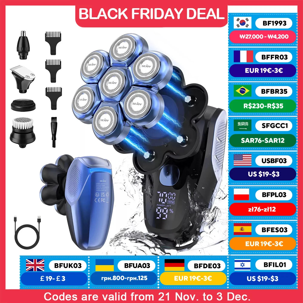 SEJOY 7D 5in1 Electric Shaver Hair Trimmer Bald Head Electric Razor Men Wet Dry