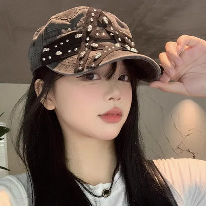 Women's New Hats Sweet Cool Style Five Pointed Star Washed Denim Cap Retro And Aged Y2K Riveted Punk Beret Hat Cute Black Beret
