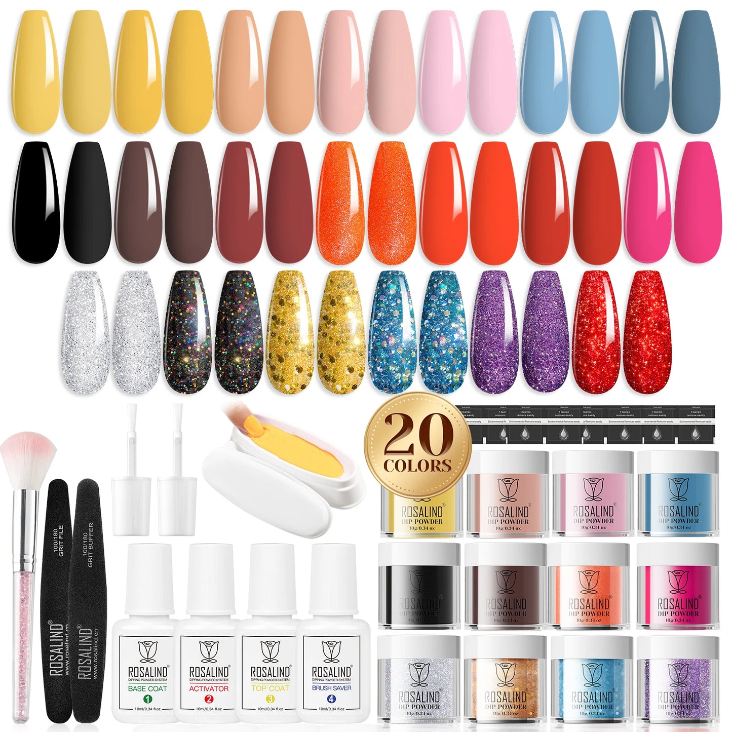 ROSALIND 29PCS Dip Nails Powder Starter Kit, 20 Colors Dip Powder Nail Kit Red Green Orange Glitter Series Nail Dip Powder Color